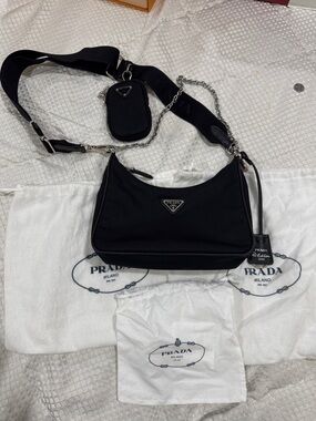 Prada Black Nylon Shoulder Bag with Chain and Wide Strap